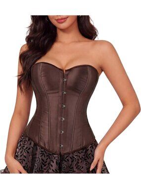 Women's Coffee Halloween Sexy Lingerie Waist Satin Cincher Lace up Corset Blouse